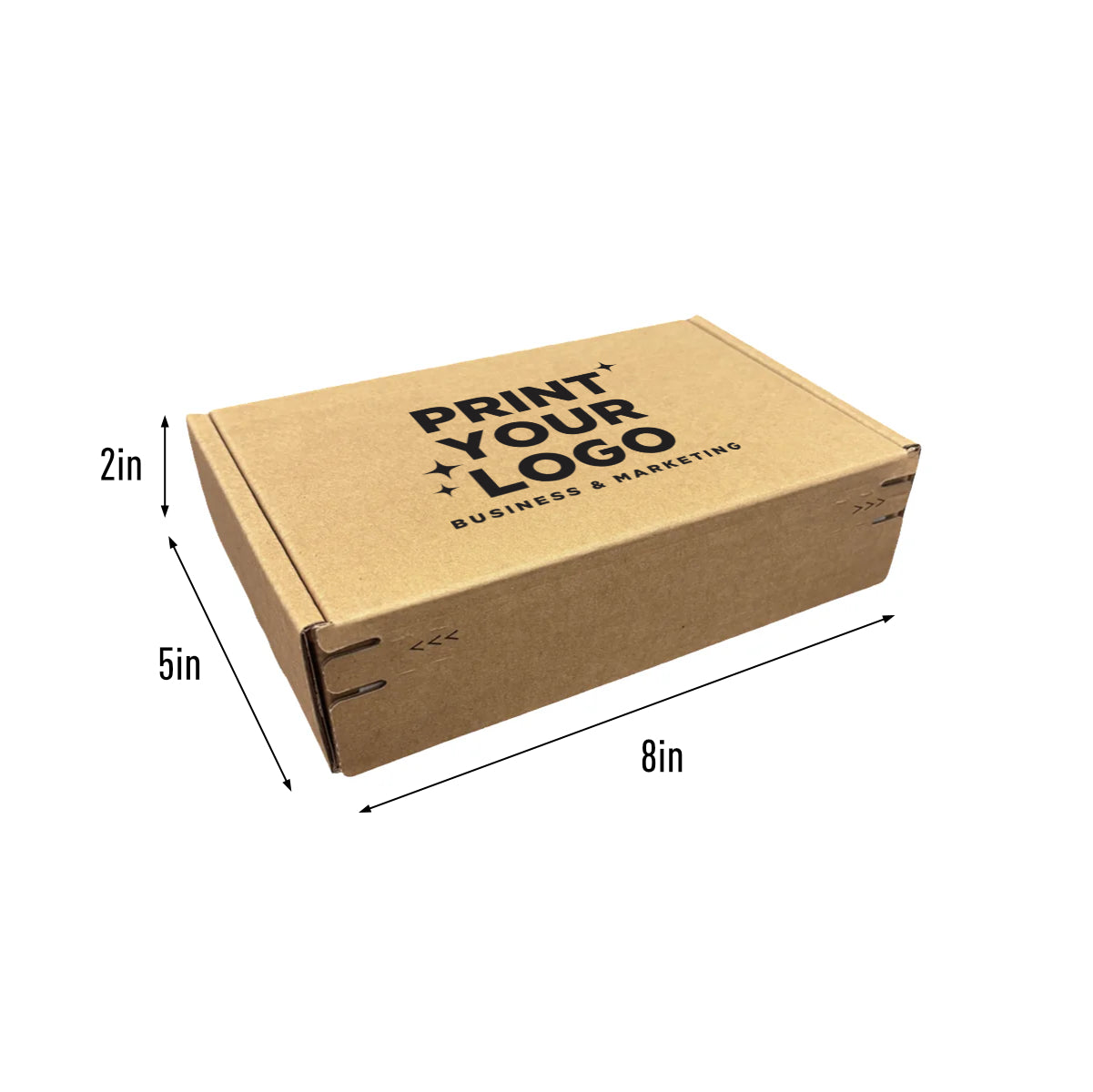 Kraft paper box with dimensions and text 'Print Your Logo' on a white background